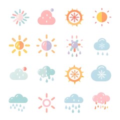 Obraz premium Soft Pastel Toned Weather Icon Set with Sun Cloud Rain and Snowflake Symbols on White Background