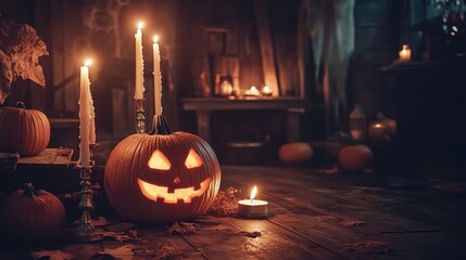 Fototapeta premium Halloween themed dark room with lit candles and pumpkins