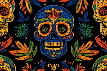 Fototapeta premium A vibrant design featuring colorful skulls surrounded by flowers on a dark background.