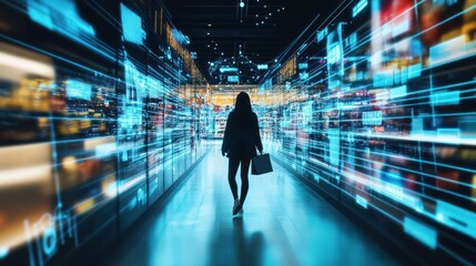 Person walks through a glowing digital corridor.