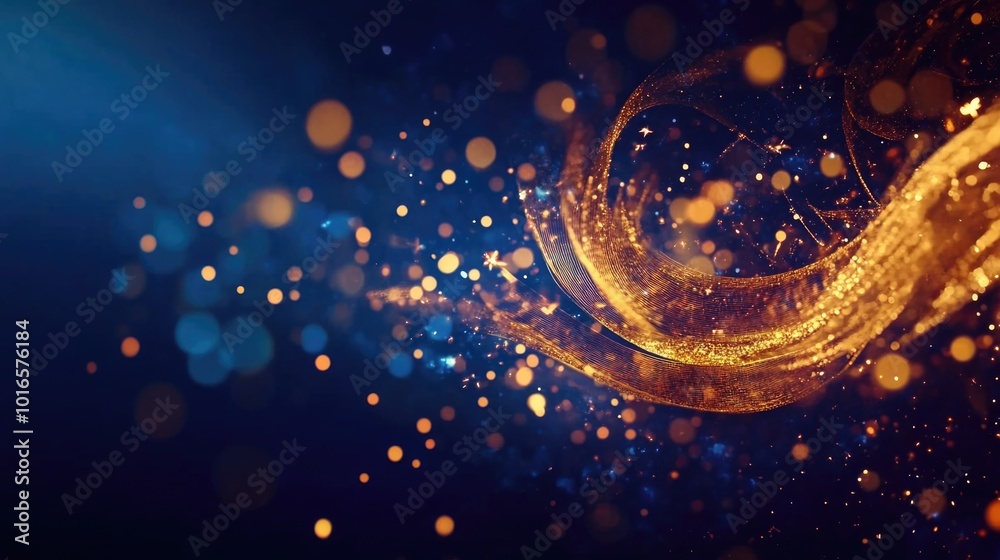 Poster abstract swirl design featuring shades of blue and gold on a textured surface.