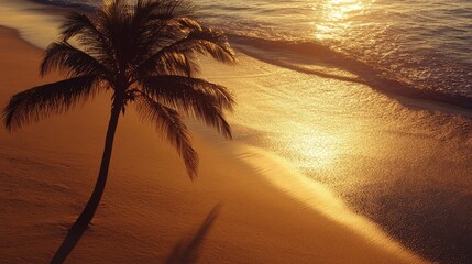 A tropical palm tree silhouetted against a golden sunset, casting long shadows on the sandy beach, evoking a peaceful, tropical getaway.