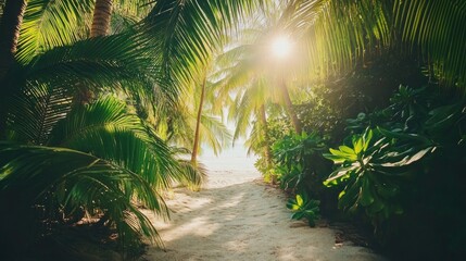 A tropical paradise background featuring dense green palm trees and a soft sandy beach, with sunlight filtering through the leaves.