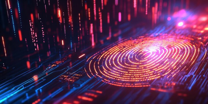 Abstract digital fingerprint in glowing neon, with circuits and binary code representing biometric data technology, empty space for advertising