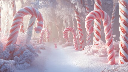 A whimsical scene where candy canes grow like trees, with snow frosting their tops. Tiny elves or gingerbread men could be walking through the forest. 