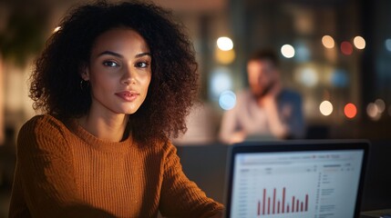 Confident Young Woman Working Late in Office, Analyzing Data on Laptop