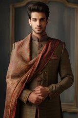 Fototapeta premium Indian man stands in traditional outfit against gray wall. Kurta, sari, turban, scarf in green, gold, red, gold. Hands on hips, straight gaze at camera. Man in heritage clothing, posing for photo.