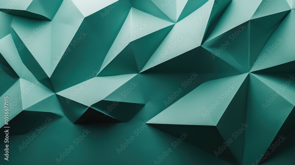 Poster a teal backdrop featuring abstract triangular shapes in high resolution, blending sharp edges with a