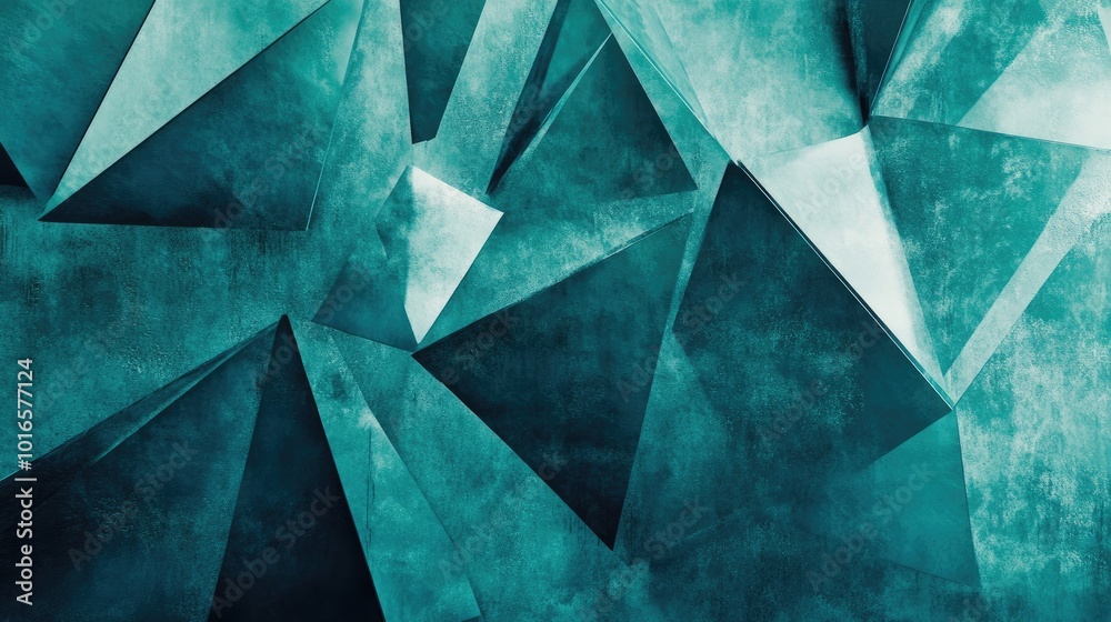 Poster a teal backdrop featuring abstract triangular shapes in high resolution, blending sharp edges with a