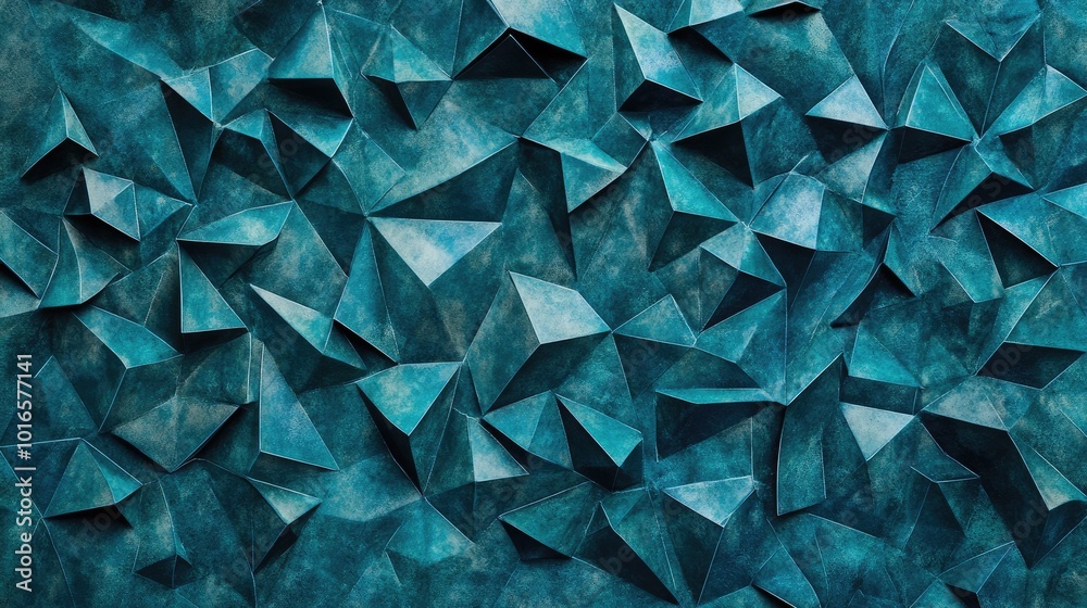 Poster a teal backdrop featuring abstract triangular shapes in high resolution, blending sharp edges with a