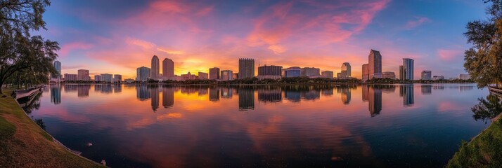 Fototapeta premium Panoramic view of Orlando city skyline at sunset. Sky painted in orange, pink hues. City buildings in gray, white shades. Reflections dance on lake water. Vantage point, bird eye view. City lights