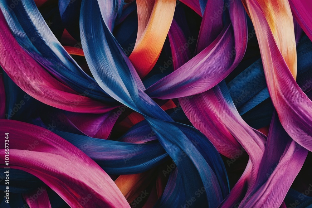 Poster a detailed view of multiple colorful ribbons arranged together, ideal for crafting or decorative pur