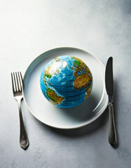 Vertical shot of the planet Earth with a fork and knife on a white background, isolated. World hunger concept. Feed the world.