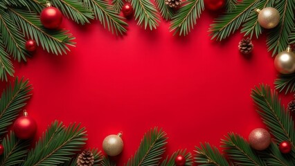 Christmas ornaments on pine branches against a red background.
