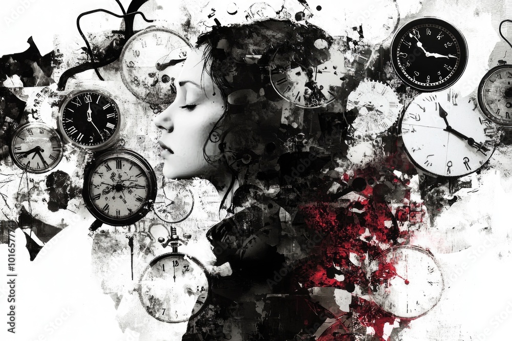 Poster A woman surrounded by clocks on a white background, suitable for use in time-related or clock-themed projects.