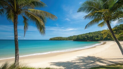 A serene tropical beach background with palm trees swaying over the soft sands, turquoise waters stretching into the horizon.