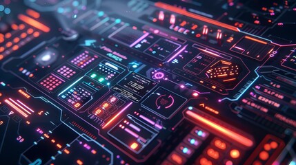 Obraz premium Futuristic Circuit Board Design Showcasing Vibrant Neon Colors in a Digital Workspace