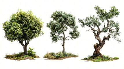 A solitary tree stands on a white background, showcasing its lush green leaves and sturdy trunk, symbolizing nature's beauty in a serene landscape