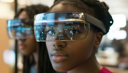 Close-up of woman with transparent digital headset