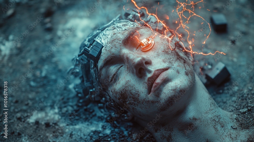 Poster a close-up shot of a person's face lit by a headlight, ideal for use in scenes where the subject is 