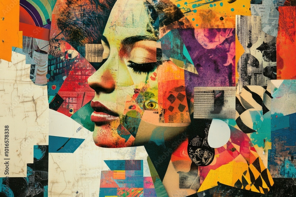 Poster a colorful collage of a woman's face with multiple colors, suitable for art or design projects.