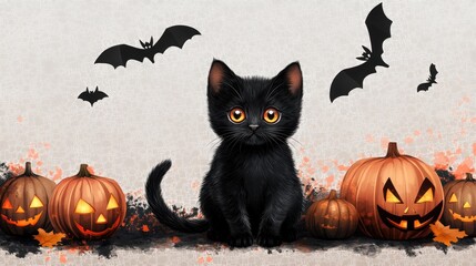 Decorative illustration of a black Halloween kitten with glowing eyes, bats flying overhead, and Jack-o'-Lantern pumpkins. Isolated PNG on a transparent background.