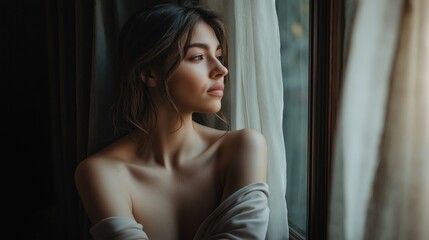 Fototapeta premium Young beautiful pensive woman sitting next to the open window with naked shoulders watching on the street through the white curtains