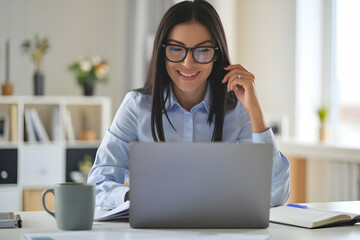 Smiling Businesswoman in Glasses Working on Laptop in Modern Office, Representing Productivity and Professionalism