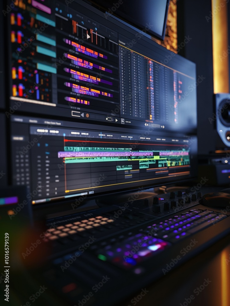 Poster computer workstation with large monitor displaying complex digital audio workstation interface. audi
