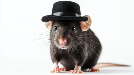 High-res clipart of a rat wearing a tiny hat, standing on a white background. Isolated illustration for creative and whimsical projects.