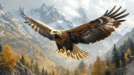 Golden eagle soaring above a majestic mountain range with snow-capped peaks and autumn foliage.