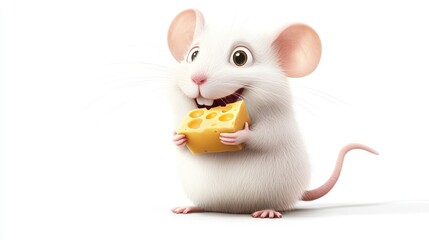 High-res illustration of a white rat holding a piece of cheese, isolated on a white background. Clipart perfect for educational or pet-themed designs.