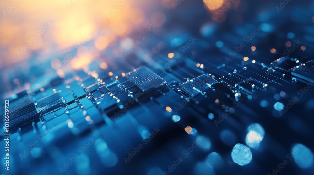 Poster a close-up view of a futuristic microchip with intricate patterns and glowing elements.