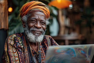 Obraz premium Portrait of an Older Man Smiling While Using a Laptop