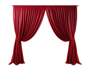 The red curtains are hanging open, revealing a white background