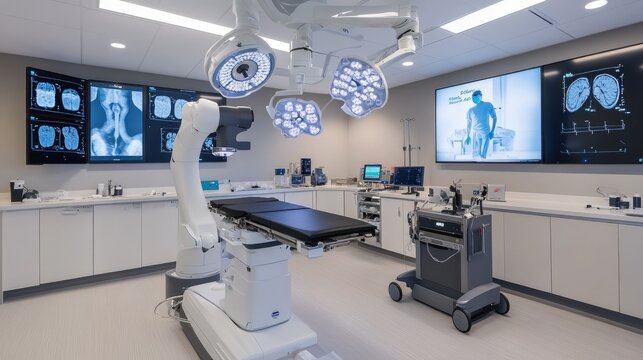 Robotic surgical system in a cutting-edge operating room, assisting surgeons with precision and care.