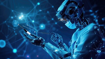 Surgical robot holding medical instruments, working alongside a surgeon to perform a complex procedure.