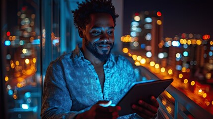 Fototapeta premium young african american man sitting on balcony,urban view and using tablet at night.create by F.a