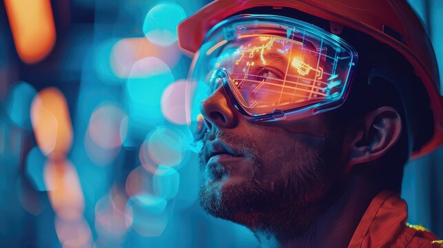 Construction worker wearing futuristic goggles at night.