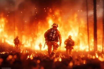 Fototapeta premium Action Scene of Firefighters Battling a Wildfire