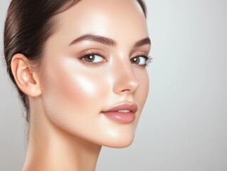 Fototapeta premium Close-up of a beautiful woman with glowing skin and a serene expression.