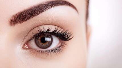 Obraz premium Close-up of a beautiful eye with long lashes and defined brow, soft background.