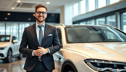 A friendly and smiling sales consultant standing next to a luxury car.