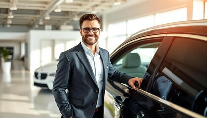 A friendly and smiling sales consultant standing next to a luxury car.