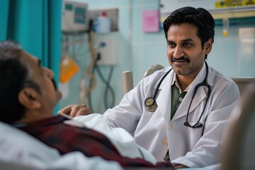 Doctor in white coat consults with patient on hospital bed. Young Indian woman looks up at male doctor with concern. Blue wall and natural light in room.