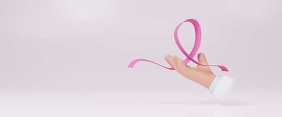 National breast cancer awareness campaign banner background with pink ribbon. Pink October. Breast cancer awareness month every year in October. Support, help, health, disease, hope. 3d rendering