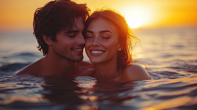 young cupple cuddling during sunset at sea.create by F.a