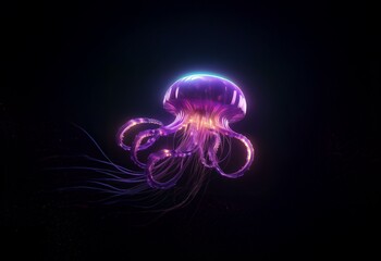 Obraz premium A glowing purple jellyfish with long tentacles floats in a dark void, a few faint sparks of light surround the creature.
