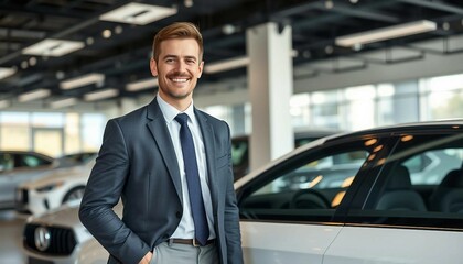 A friendly and smiling sales consultant standing next to a luxury car.
