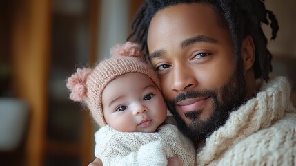 young father holding a newborn baby in kitchen at home kissing.stock image